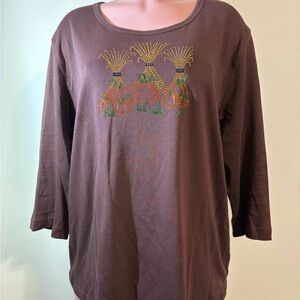 Isaac’s Designs women 1X Brown shirt w/Pumpkin‎ Corn stalk Rhinestone and Stud